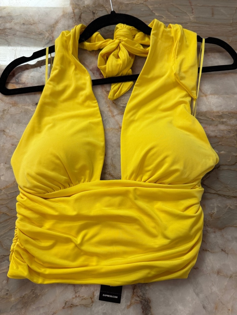 Express Bright Yellow Ruched Halter Crop Top